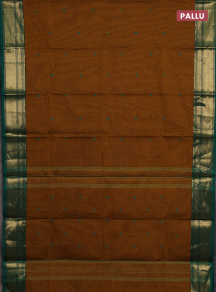 Chettinad cotton saree dark mustard and green with thread woven buttas and zari woven border