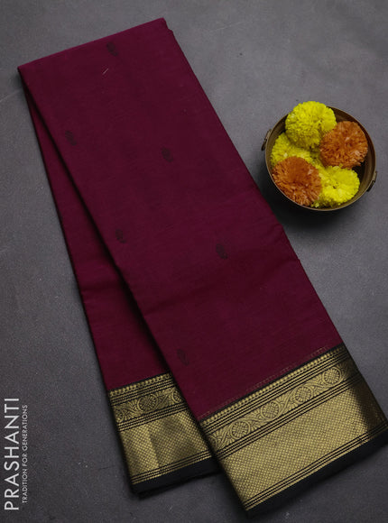 Chettinad cotton saree magenta pink and black with thread woven buttas and zari woven border