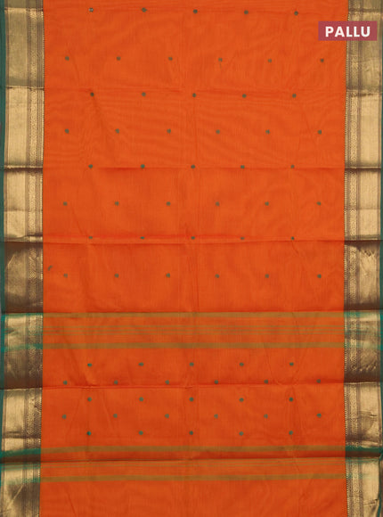 Chettinad cotton saree orange and green with thread woven buttas and zari woven border
