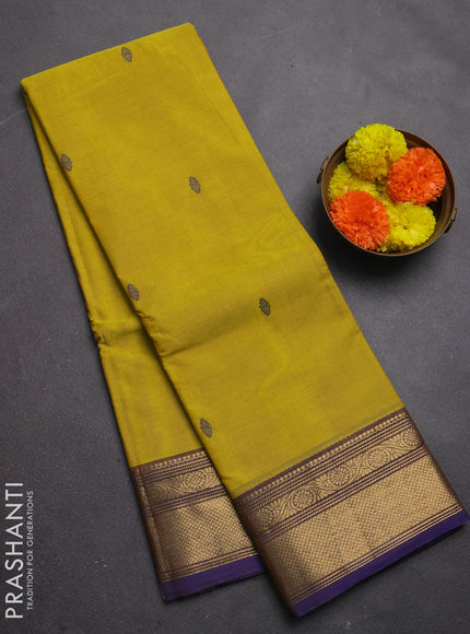 Chettinad cotton saree lime yellow and violet with thread woven buttas and zari woven border