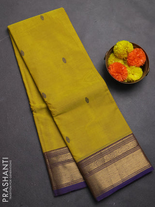 Chettinad cotton saree lime yellow and violet with thread woven buttas and zari woven border