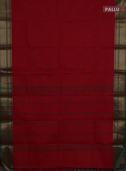 Chettinad cotton saree red and green with thread woven buttas and zari woven border