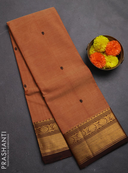 Chettinad cotton saree rust shade and coffee brown with thread woven buttas and zari woven border