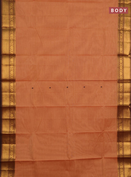 Chettinad cotton saree rust shade and coffee brown with thread woven buttas and zari woven border