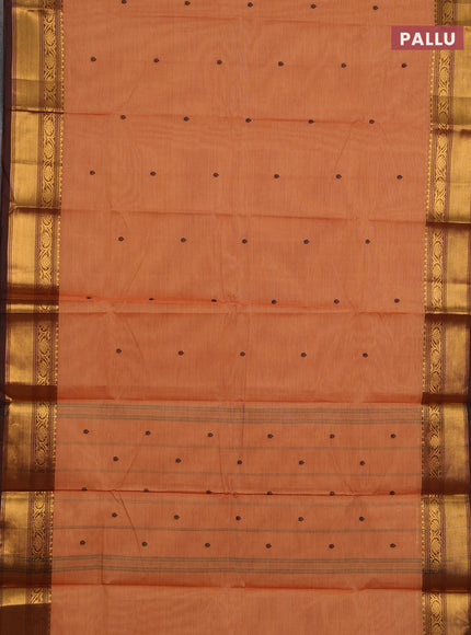 Chettinad cotton saree rust shade and coffee brown with thread woven buttas and zari woven border