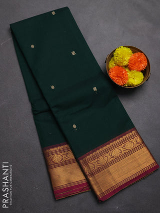 Chettinad cotton saree bottle green and pink with thread woven buttas and zari woven border