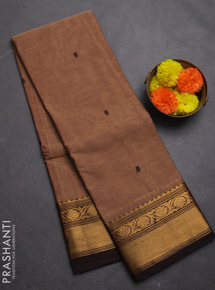 Chettinad cotton saree chikku shade and deep maroon with thread woven buttas and zari woven border
