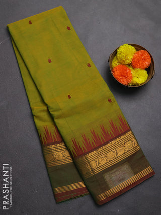 Chettinad cotton saree light green and maroon with thread woven buttas and temple design rettapet zari woven border