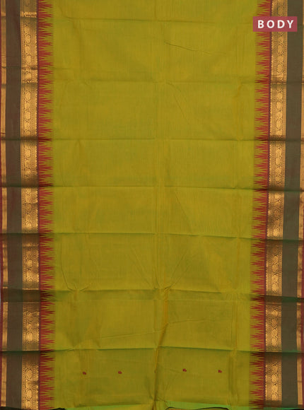 Chettinad cotton saree light green and maroon with thread woven buttas and temple design rettapet zari woven border