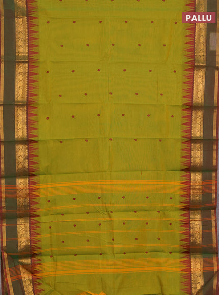 Chettinad cotton saree light green and maroon with thread woven buttas and temple design rettapet zari woven border