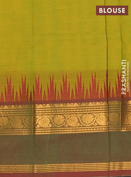 Chettinad cotton saree light green and maroon with thread woven buttas and temple design rettapet zari woven border