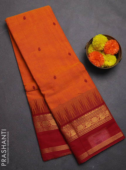 Chettinad cotton saree orange and maroon with thread woven buttas and temple design rettapet zari woven border