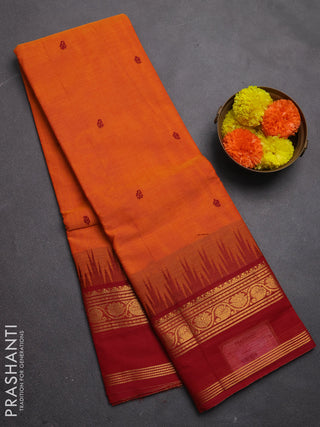 Chettinad cotton saree orange and maroon with thread woven buttas and temple design rettapet zari woven border