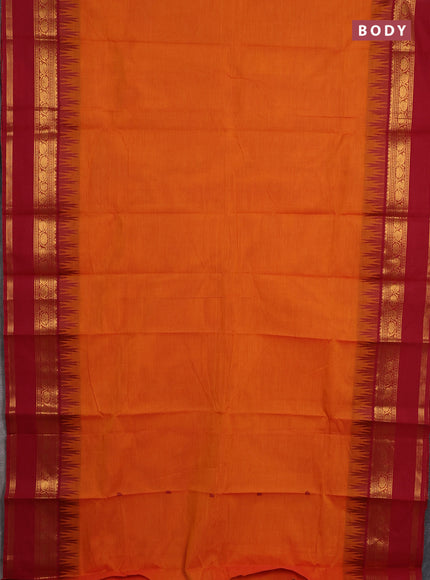 Chettinad cotton saree orange and maroon with thread woven buttas and temple design rettapet zari woven border