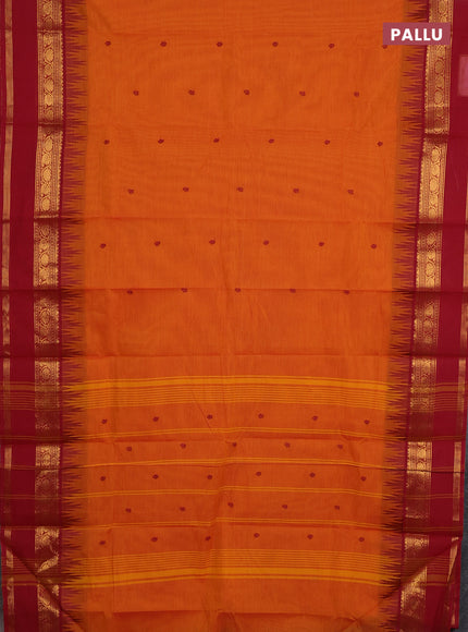 Chettinad cotton saree orange and maroon with thread woven buttas and temple design rettapet zari woven border