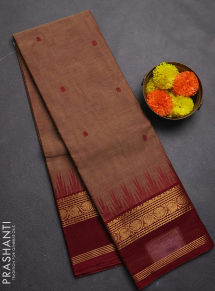 Chettinad cotton saree pastel brown and maroon with thread woven buttas and temple design rettapet zari woven border