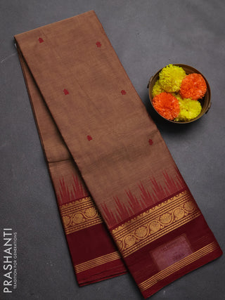 Chettinad cotton saree pastel brown and maroon with thread woven buttas and temple design rettapet zari woven border