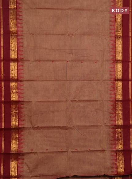 Chettinad cotton saree pastel brown and maroon with thread woven buttas and temple design rettapet zari woven border