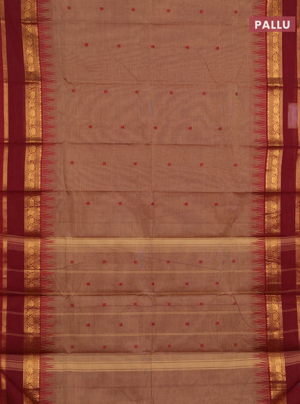 Chettinad cotton saree pastel brown and maroon with thread woven buttas and temple design rettapet zari woven border