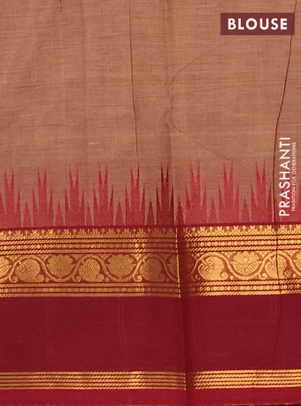 Chettinad cotton saree pastel brown and maroon with thread woven buttas and temple design rettapet zari woven border