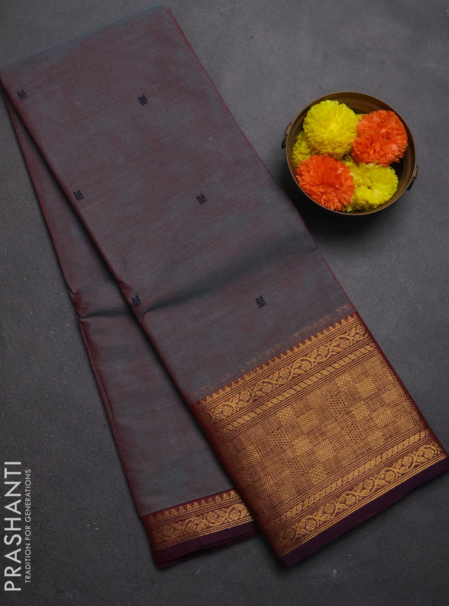 Chettinad cotton saree bluish grey and wine shade with thread woven buttas and zari woven border