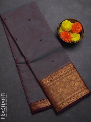 Chettinad cotton saree bluish grey and wine shade with thread woven buttas and zari woven border