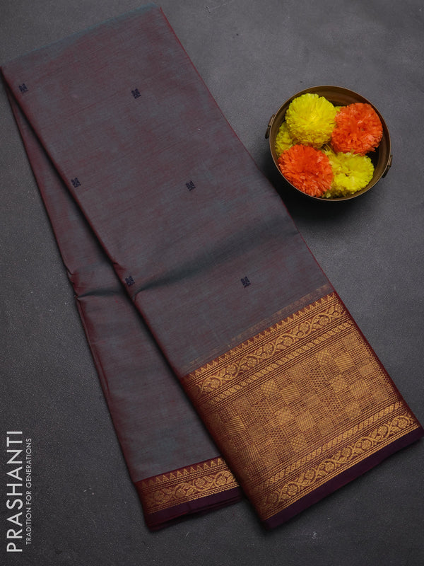Chettinad cotton saree bluish grey and wine shade with thread woven buttas and zari woven border
