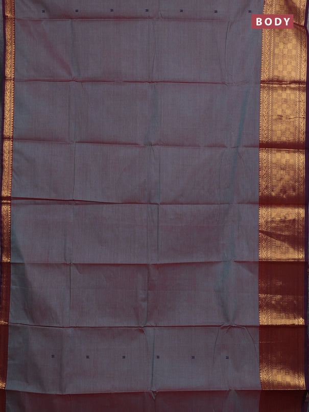 Chettinad cotton saree bluish grey and wine shade with thread woven buttas and zari woven border