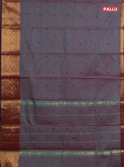 Chettinad cotton saree bluish grey and wine shade with thread woven buttas and zari woven border