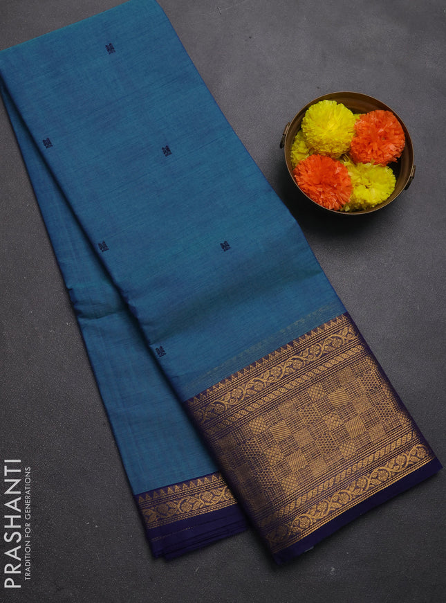 Chettinad cotton saree blue shade and blue with thread woven buttas and long zari woven border