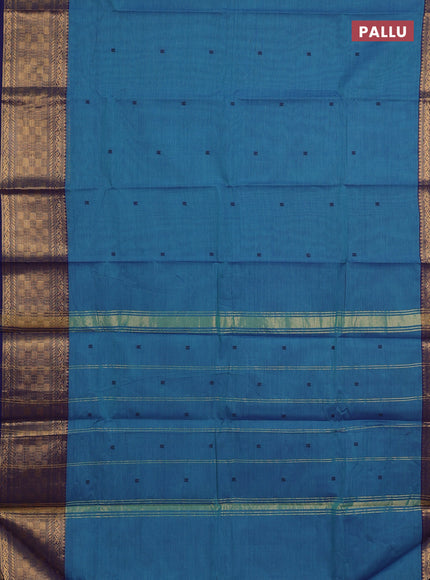 Chettinad cotton saree blue shade and blue with thread woven buttas and long zari woven border