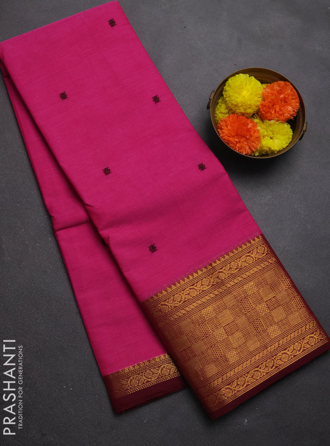 Chettinad cotton saree pink and dark magenta with thread woven buttas and long zari woven border