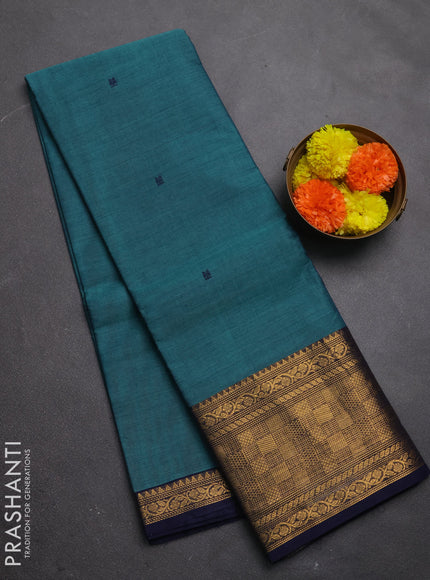 Chettinad cotton saree teal green and navy blue with thread woven buttas and temple design zari woven border