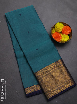 Chettinad cotton saree teal green and navy blue with thread woven buttas and temple design zari woven border