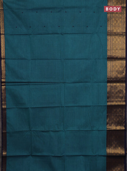 Chettinad cotton saree teal green and navy blue with thread woven buttas and temple design zari woven border