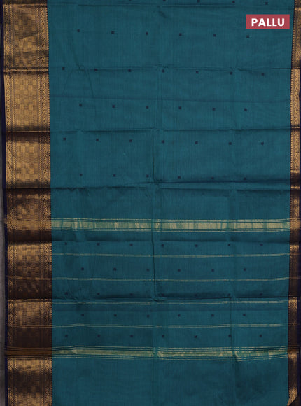 Chettinad cotton saree teal green and navy blue with thread woven buttas and temple design zari woven border