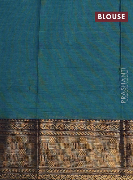 Chettinad cotton saree teal green and navy blue with thread woven buttas and temple design zari woven border