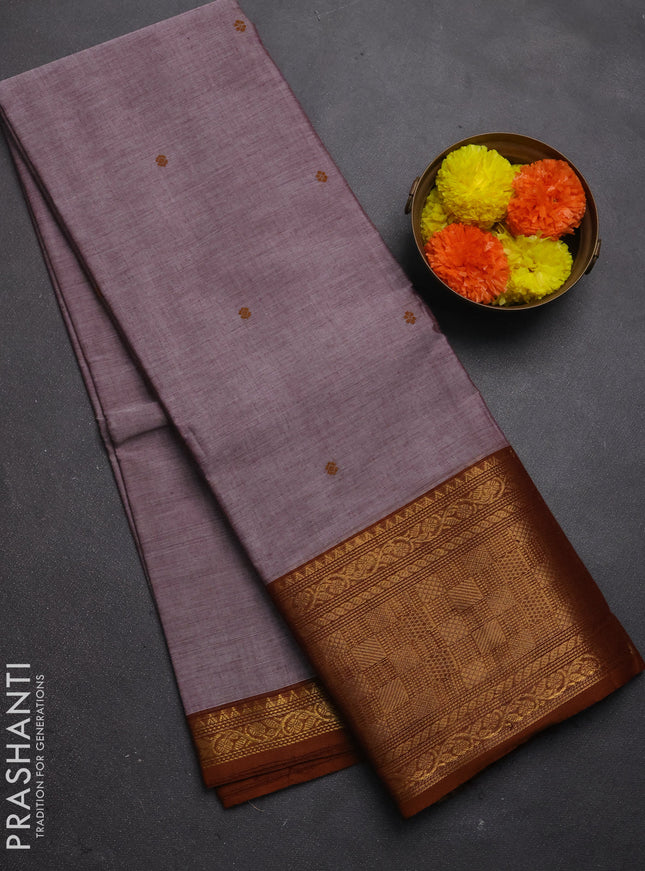 Chettinad cotton saree grey shade and dark mustard with thread woven buttas and long zari woven border