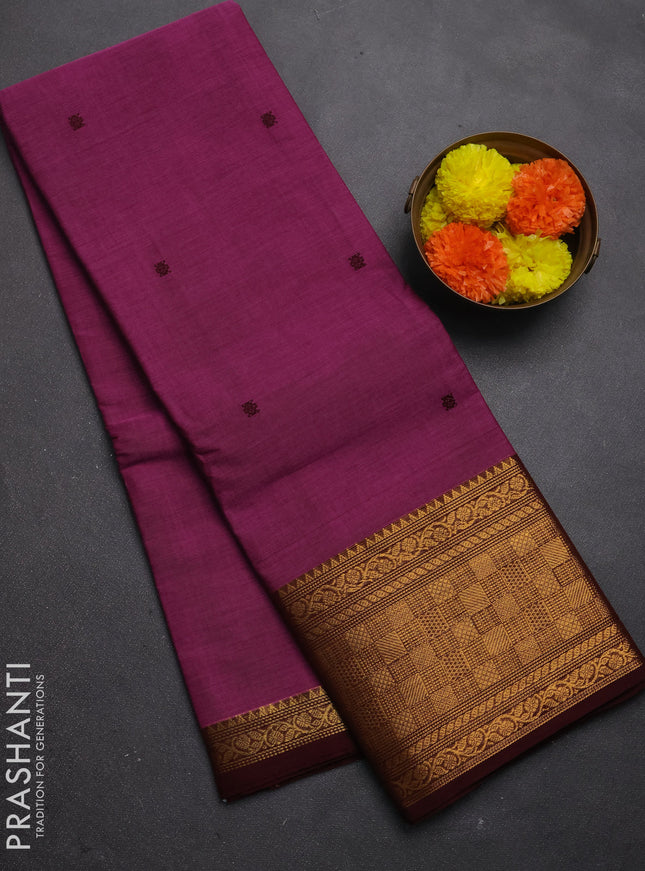 Chettinad cotton saree magenta pink and deep maroon with thread woven buttas and zari woven border
