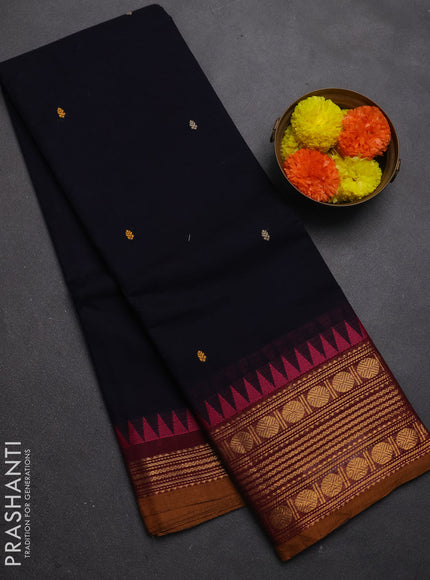 Chettinad cotton saree navy blue and mustard yellow with thread woven buttas and zari woven border