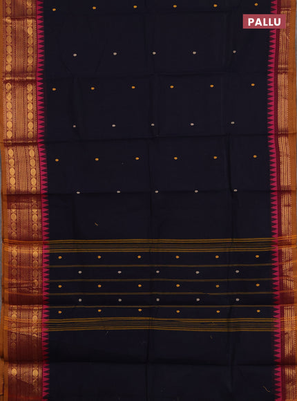Chettinad cotton saree navy blue and mustard yellow with thread woven buttas and zari woven border