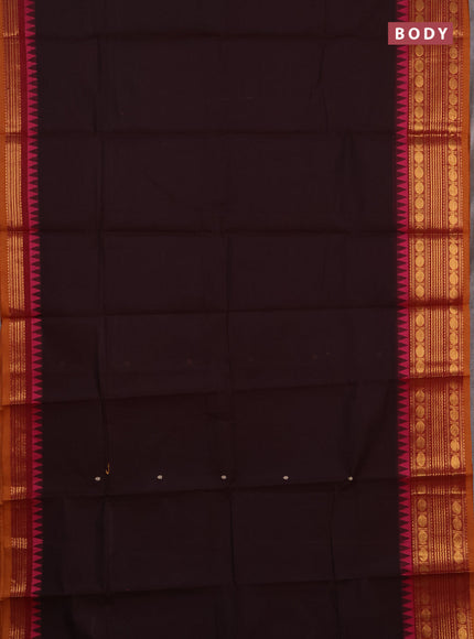 Chettinad cotton saree coffee brown and mustard yellow with thread woven buttas and zari woven border