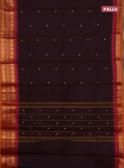 Chettinad cotton saree coffee brown and mustard yellow with thread woven buttas and zari woven border