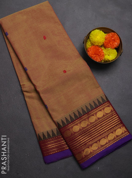 Chettinad cotton saree dual shade of mustard yellow and wine shade with thread woven buttas and temple design zari woven border