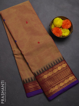 Chettinad cotton saree dual shade of mustard yellow and wine shade with thread woven buttas and temple design zari woven border