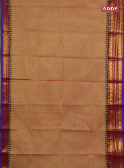 Chettinad cotton saree dual shade of mustard yellow and wine shade with thread woven buttas and temple design zari woven border