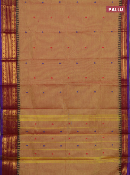 Chettinad cotton saree dual shade of mustard yellow and wine shade with thread woven buttas and temple design zari woven border