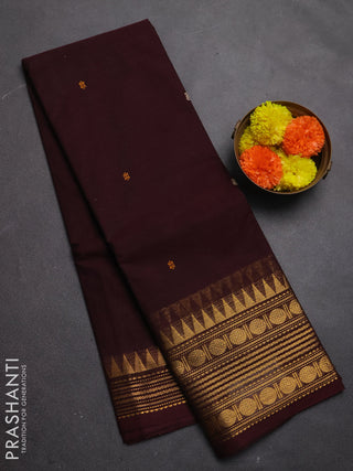 Chettinad cotton saree coffee brown with thread woven buttas and temple design zari woven border