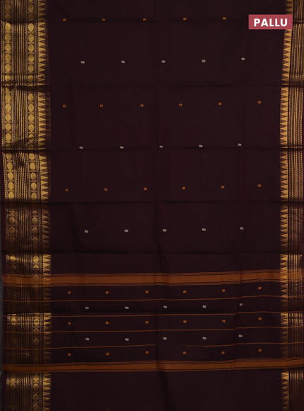 Chettinad cotton saree coffee brown with thread woven buttas and temple design zari woven border