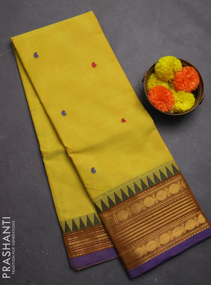 Chettinad cotton saree lime yellow and violet with thread woven buttas and zari woven border